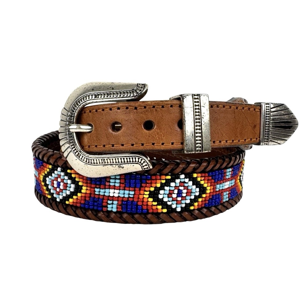 Leather Beaded Belt 37.5" Brown Silver Buckle Southwestern Native American Aztec